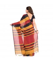 Bengal Khadi Ghicha Handloom Cotton Silk Saree With Blouse Piece (Black Yellow Red)