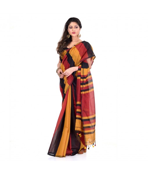 DESH BIDESH Women`s Bengal Khadi Ghicha Handloom Cotton Silk Saree With Blouse Piece (Black Yellow Red)