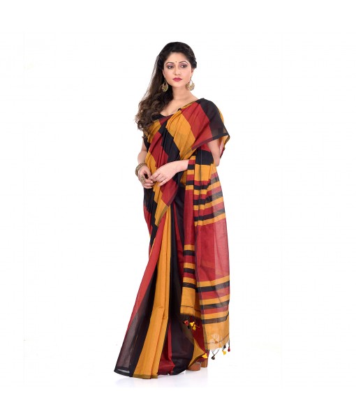Bengal Khadi Ghicha Handloom Cotton Silk Saree With Blouse Piece (Black Yellow Red)