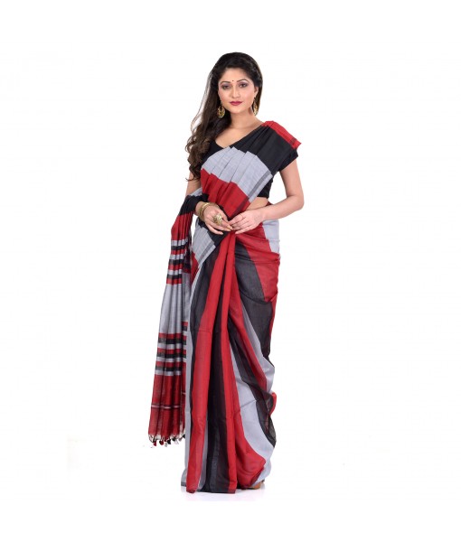 Bengal Khadi Ghicha Handloom Cotton Silk Saree With Blouse Piece (Black Silver Red)