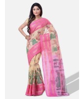 Women`s Handloom Cotton Traditional Bengal Tant With Sakuntala Design Saree Without Blouse Piece (Pink Off White)