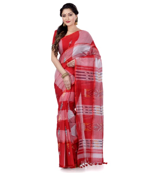 Women`s Bengal Handloom Tant Malmal Pure Cotton Saree Kotki Design Without Blouse Piece (Red White)