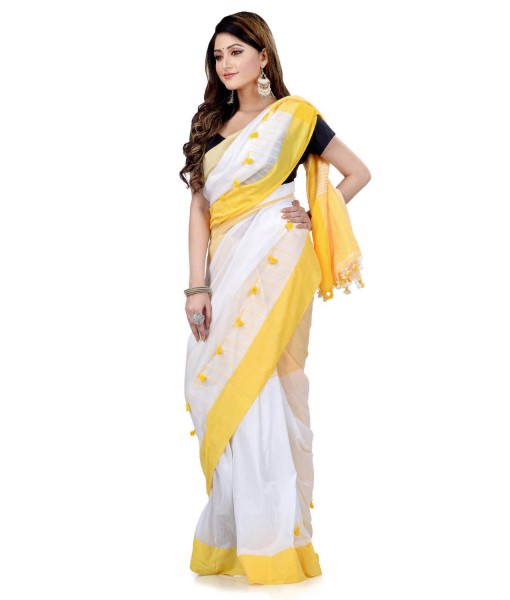 Women`s Traditional Bengali Handloom Tant Pure Cotton Saree Pompom Desigined With Blouse Piece (Yellow White)