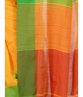 Women`s Traditional Bengali Handloom Tant Pure Cotton Saree with Pom Pom lace Designed With Blouse Piece (Green Yellow Red)