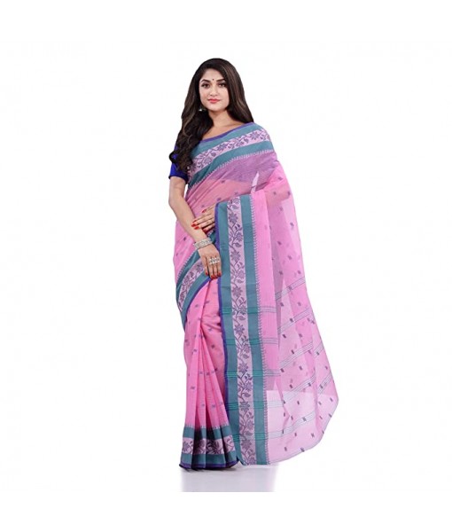 DESH BIDESH Women`s Traditional Tant Pure Cotton Handloom Saree Woven Sudarshana Designer Without Blouse Piece (Pink)