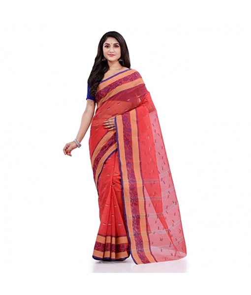DESH BIDESH Women`s Traditional Tant Pure Cotton Handloom Saree Woven Sudarshana Designer Without Blouse Piece Red