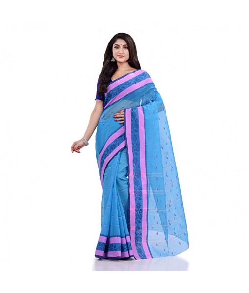 DESH BIDESH Women`s Traditional Pure Cotton Handloom Saree Woven Paisley Kolka Designer Without Blouse Piece (Blue)