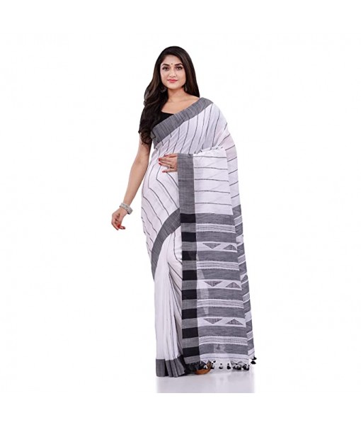 DESH BIDESH Women`s Traditional Bengali Tant Handloom Pure Cotton Saree Piramide Design With Blouse Piece(White Black)