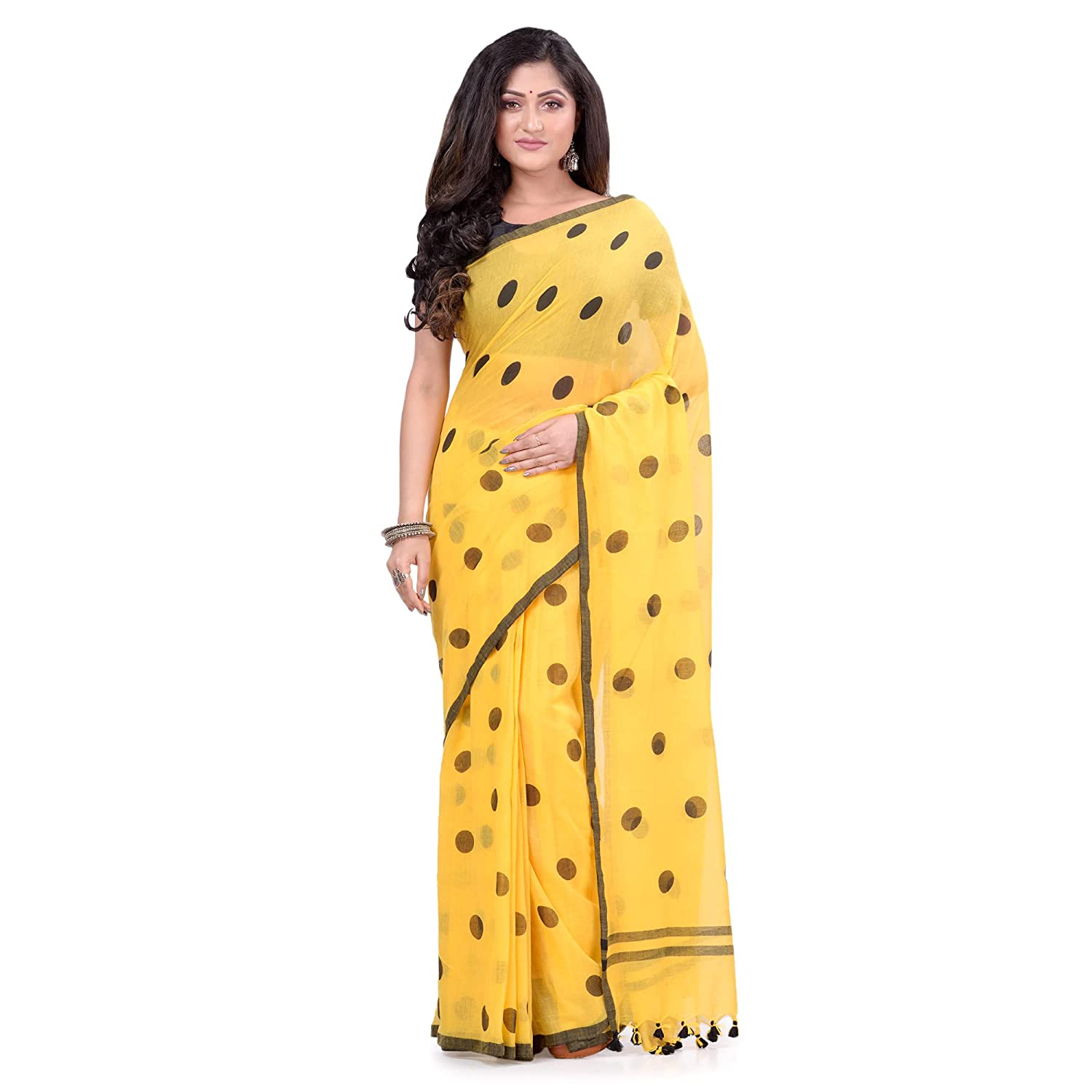 dB DESH BIDESH Women`s Traditional Soft Mulmul Polka Dots Design Pure Cotton Handloom Saree Without Blouse Piece Yellow Black