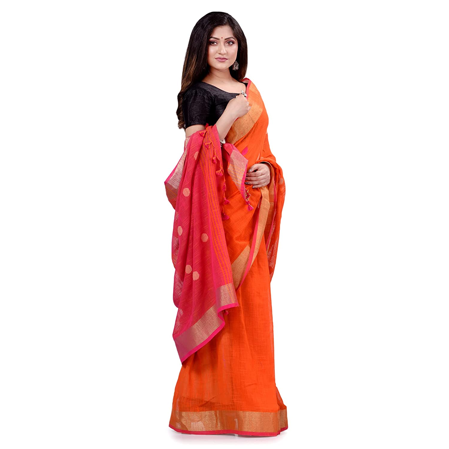dB DESH BIDESH Women`s Pure Cotton Traditional Bengali Tant Handloom Cotton Saree Round Desigined With Blouse Piece (Yellow Pink)