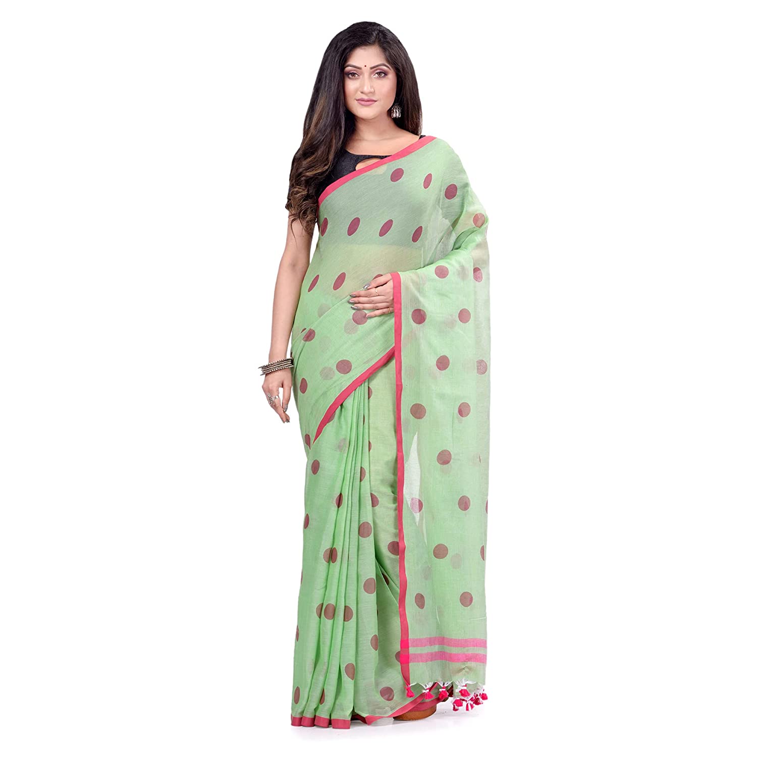 dB DESH BIDESH Women`s Traditional Soft Mulmul Polka Dots Design Pure Cotton Handloom Saree Without Blouse Piece Green