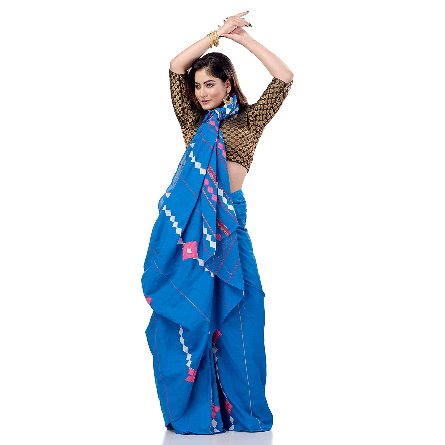 dB DESH BIDESH Women`s Bengali Khesh Mul Pure Cotton Handloom Saree With Blouse Piece (Sky Blue)