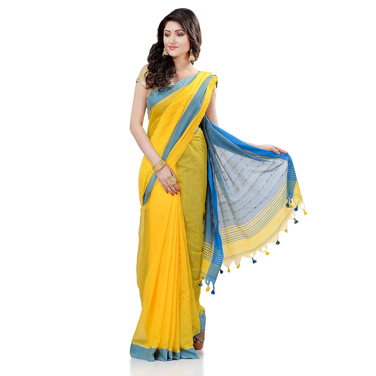 dB DESH BIDESH Women`s Tant Silk Handloom Cotton Saree Sequence Work With Blouse Piece Yellow Blue