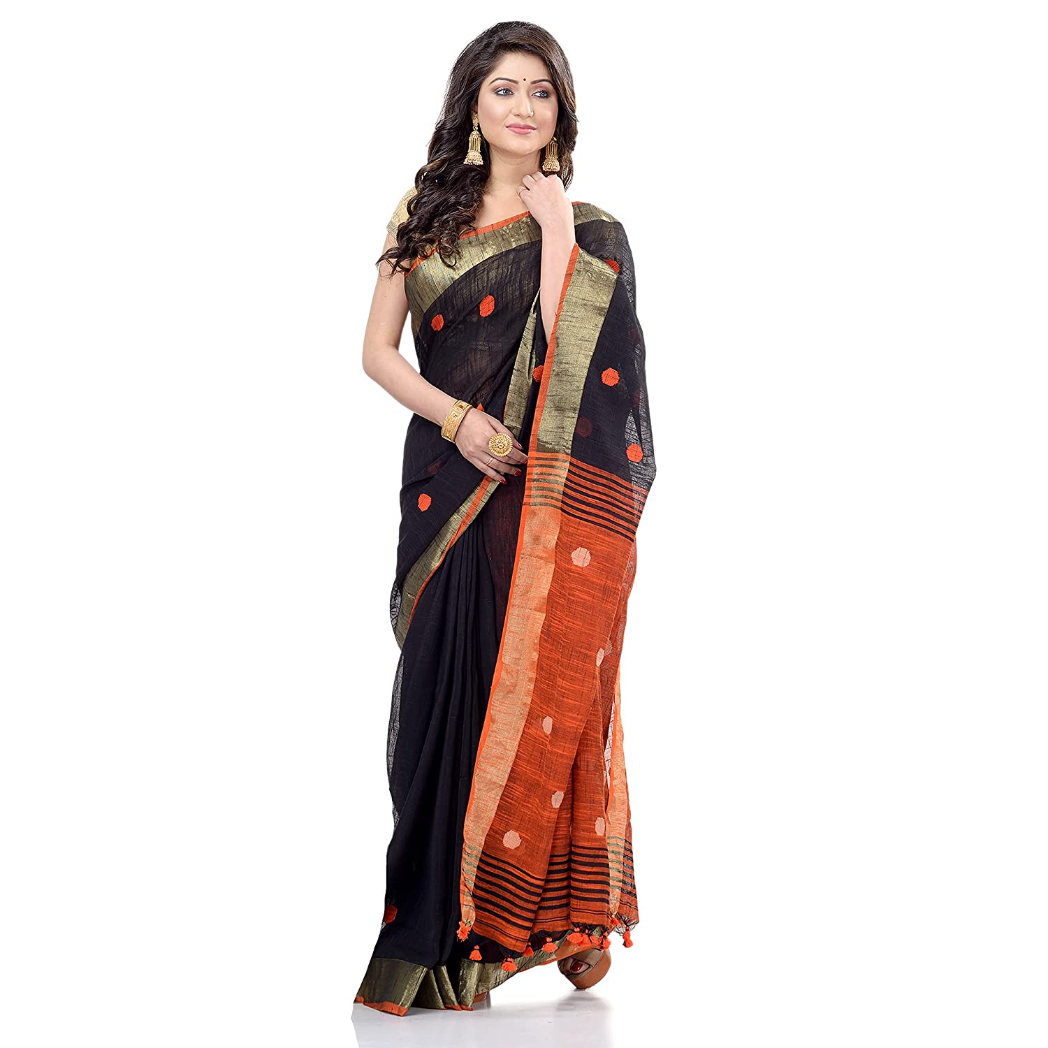 dB DESH BIDESH Women`s Pure Cotton Traditional Bengali Tant Handloom Cotton Saree Round Desigined With Blouse Piece (Black orange)