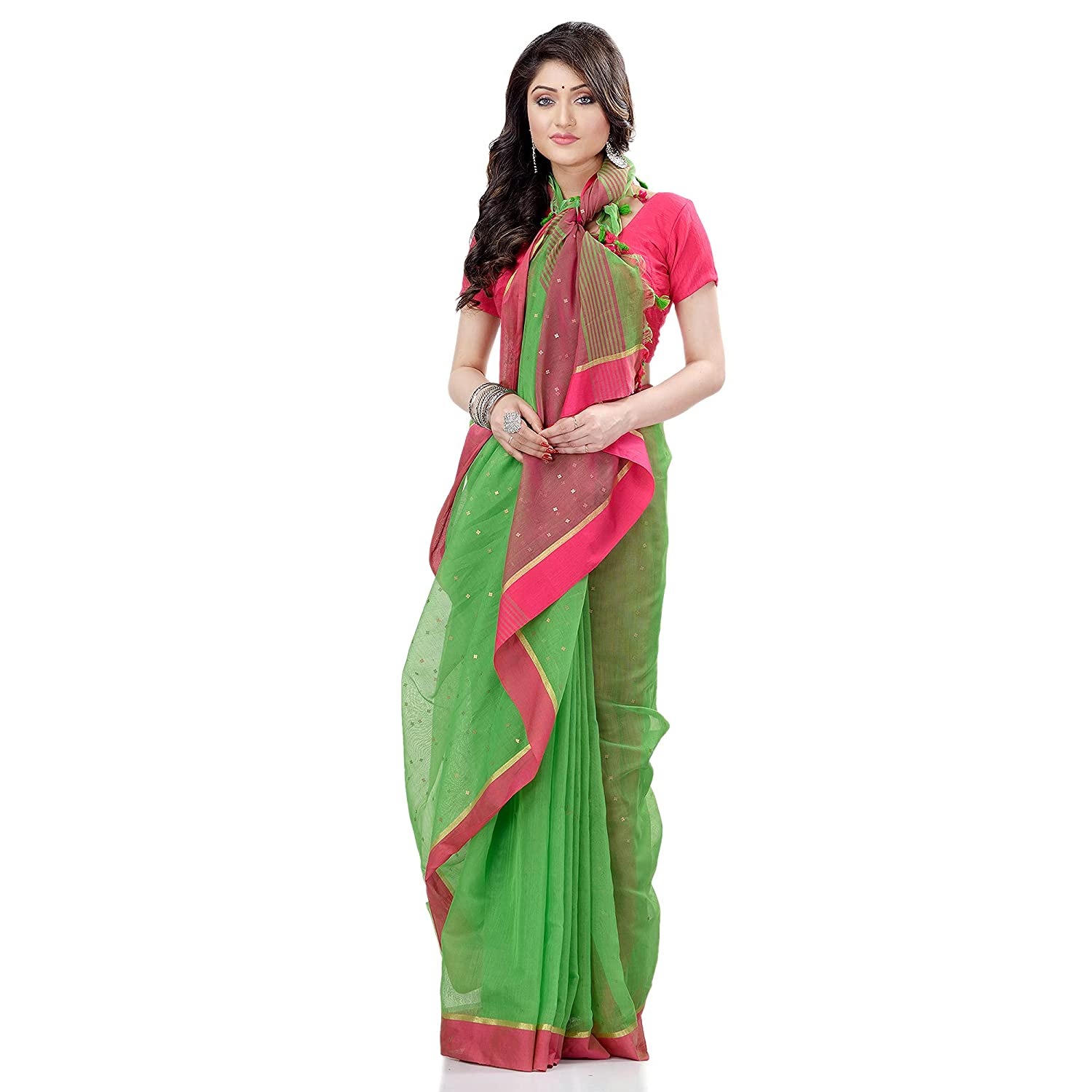 dB DESH BIDESH Women`s Tant Silk Handloom Cotton Saree Sequence Work With Blouse Piece Green Pink
