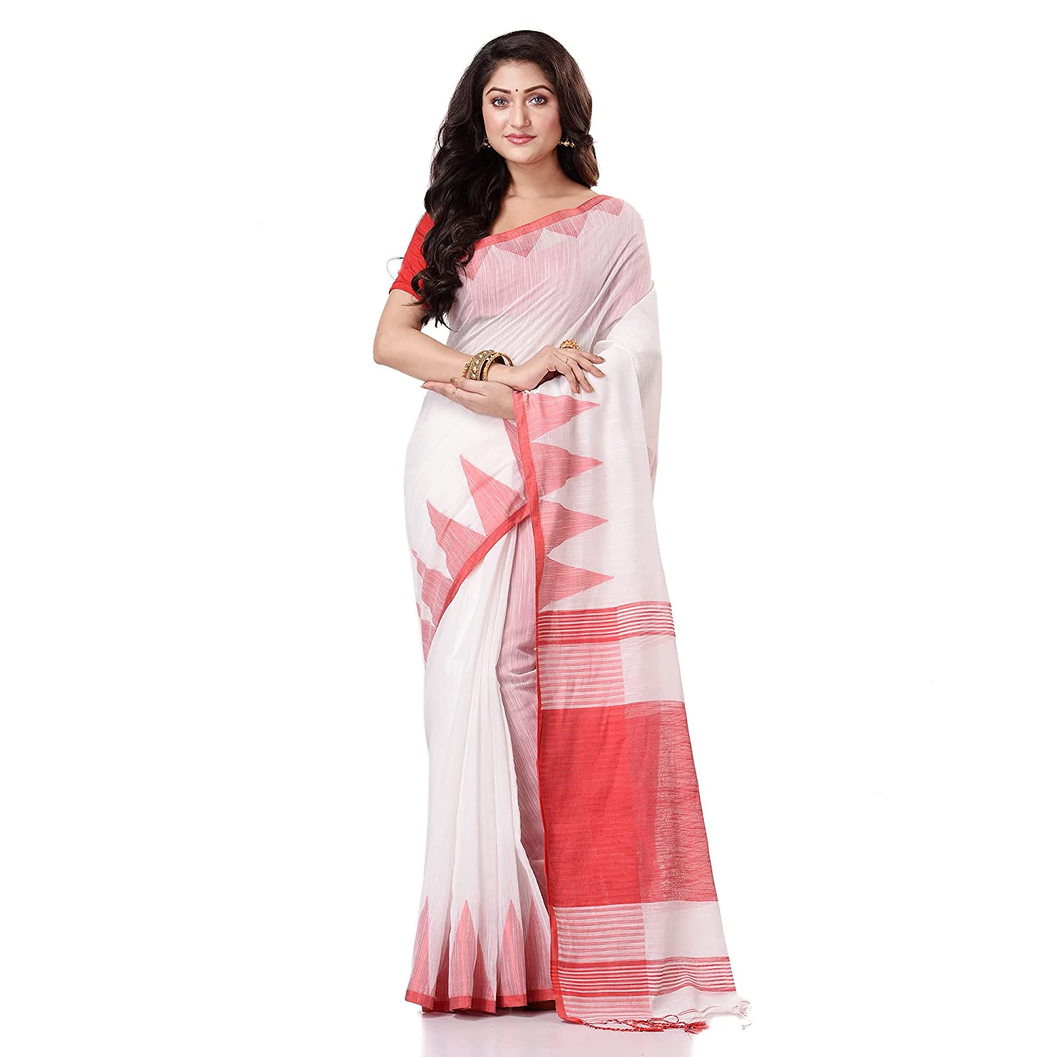 Women`s Traditional Bengali Handloom Tant Pure Cotton Saree Khadi Temple Par Desigined With Blouse Piece White Red