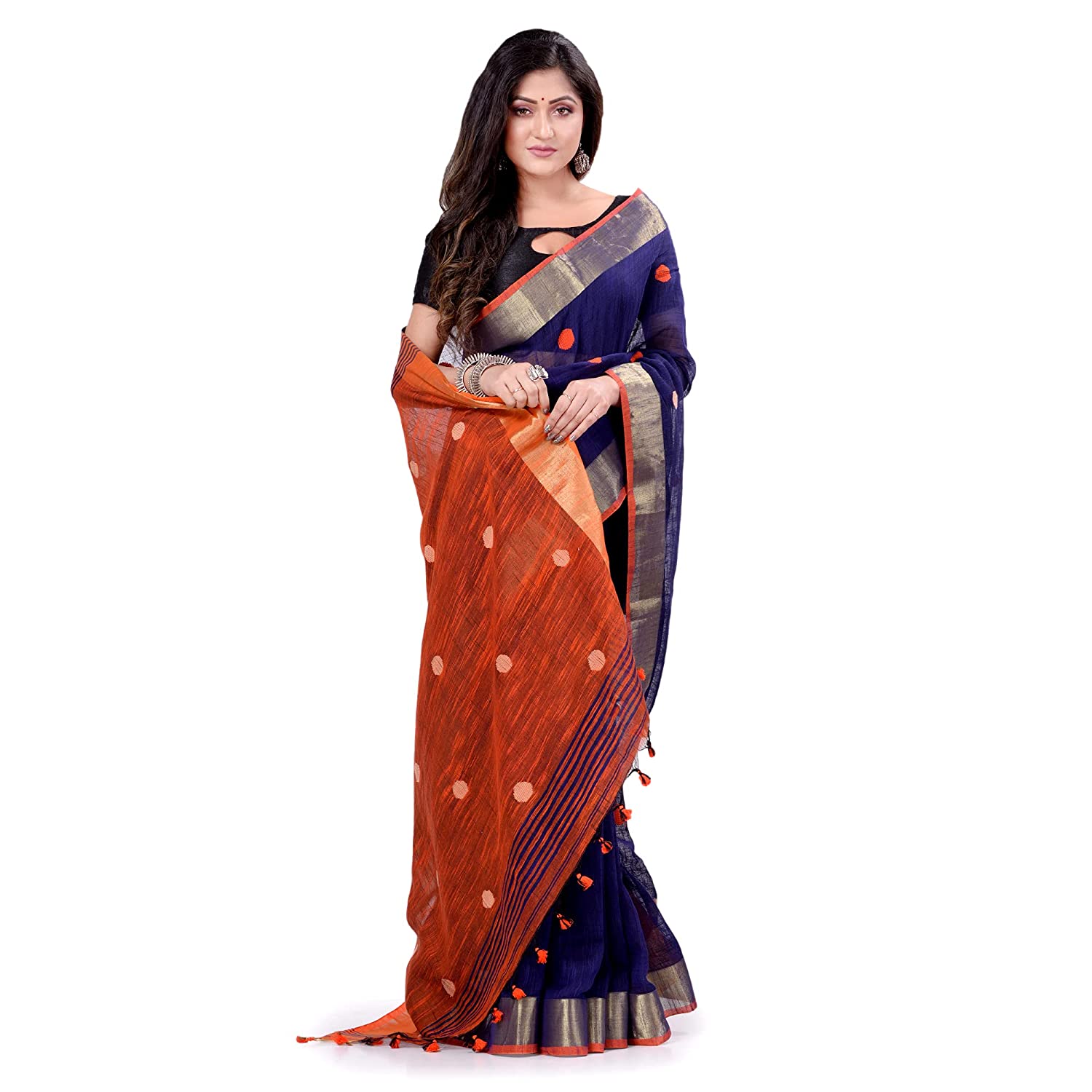 dB DESH BIDESH Women`s Pure Cotton Traditional Bengali Tant Handloom Cotton Saree Round Desigined With Blouse Piece (Deep Blue Orange)