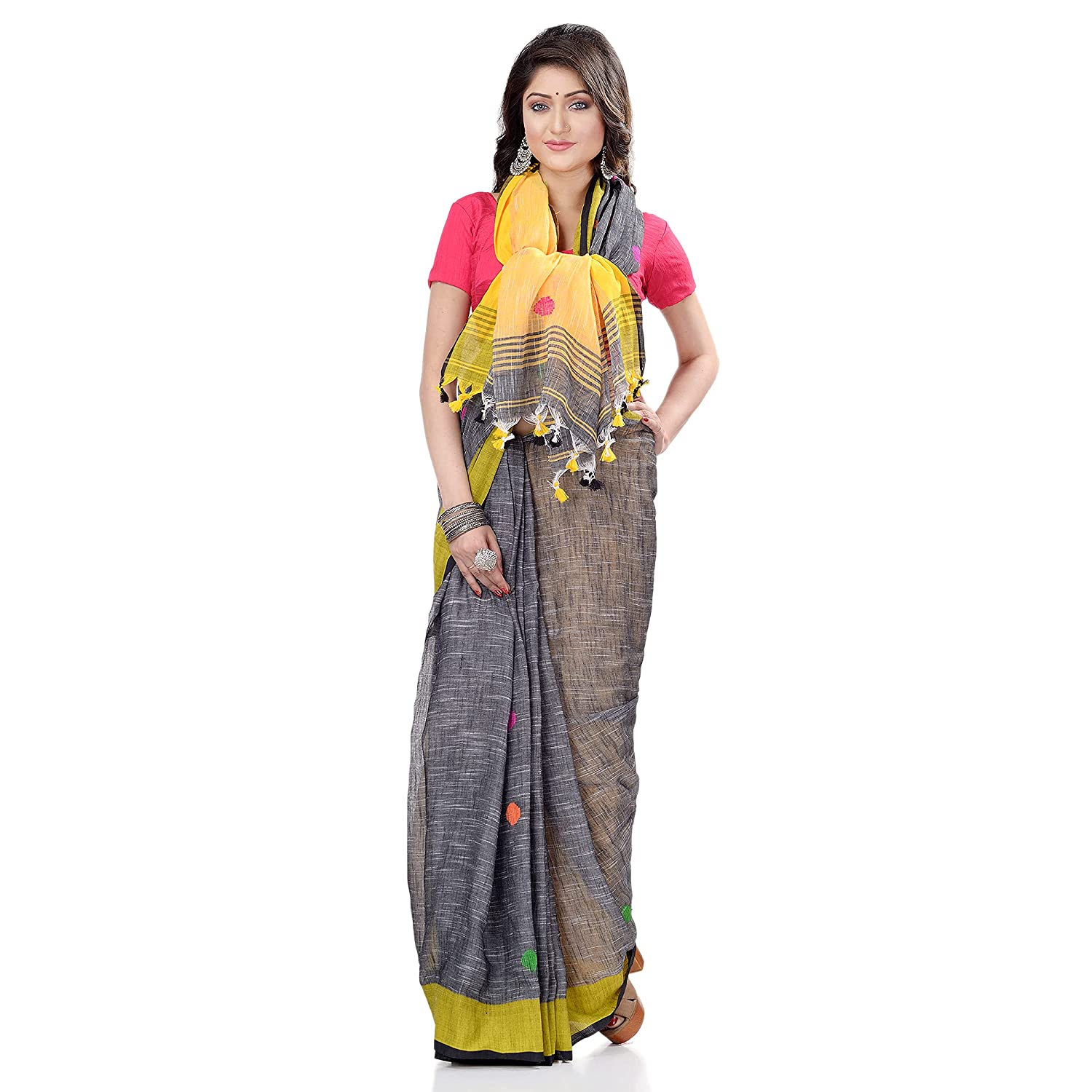dB DESH BIDESH Women`s Pure Cotton Traditional Bengali Tant Handloom Cotton Saree Round Desigined With Blouse Piece (Grey Yellow)