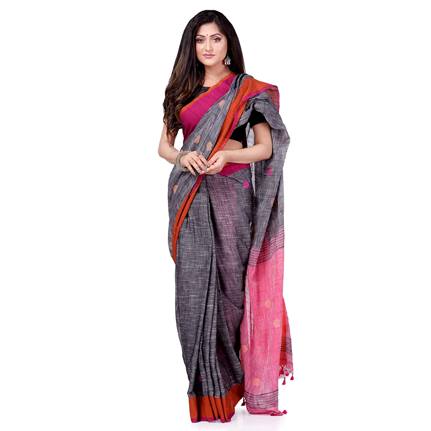 dB DESH BIDESH Women`s Pure Cotton Traditional Bengali Tant Handloom Cotton Saree Round Desigined With Blouse Piece (Grey Pink)