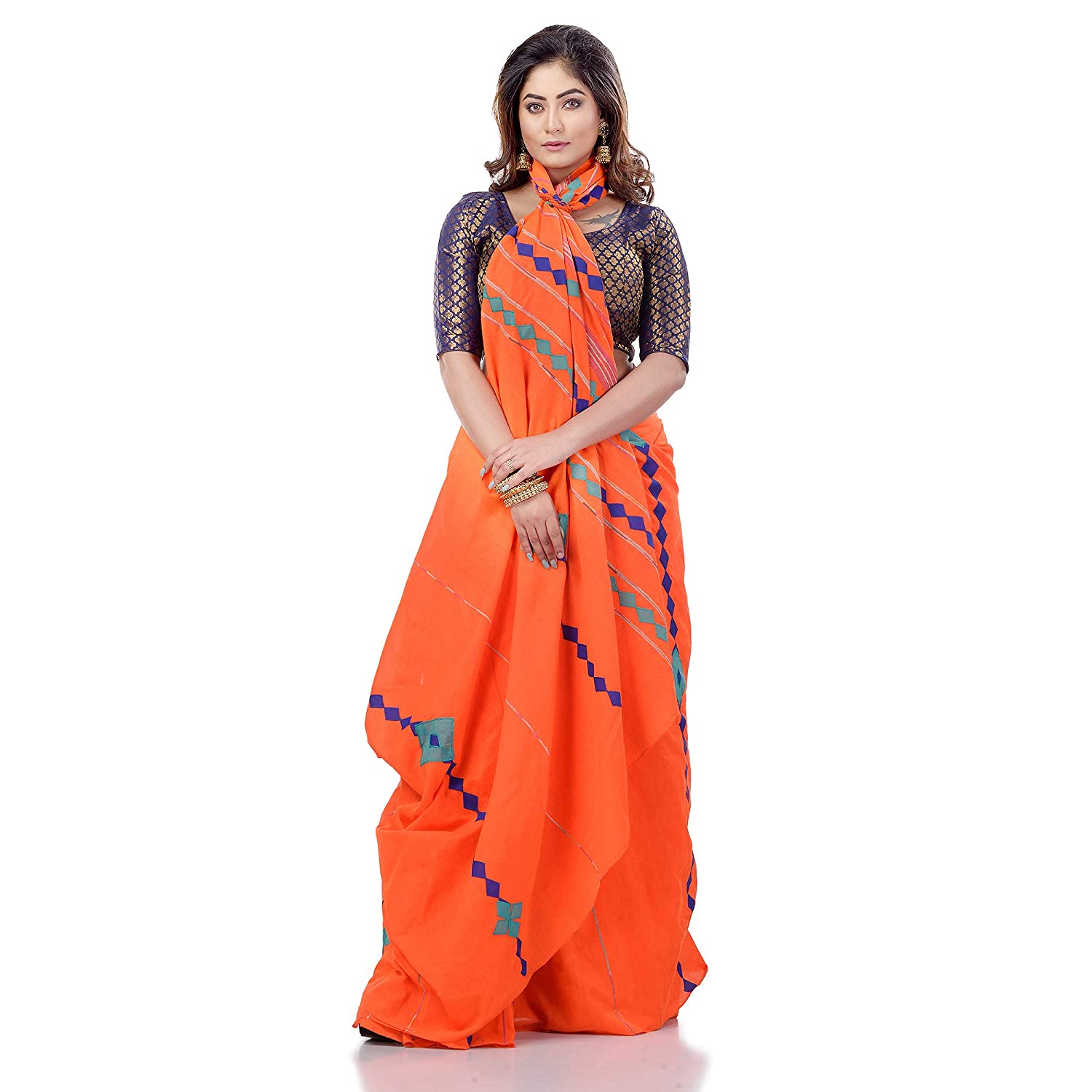 dB DESH BIDESH Women`s Bengali Khesh Mul Pure Cotton Handloom Saree With Blouse Piece (Orange)