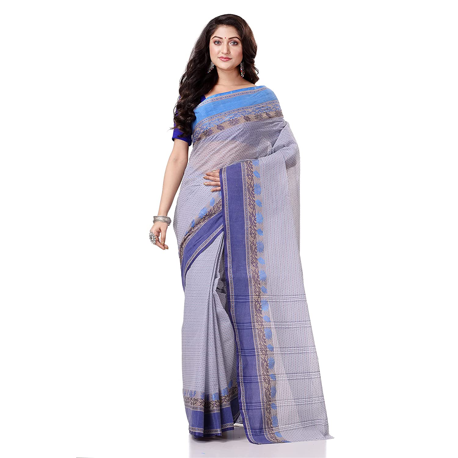 Bengal Soft Cotton Women`s Traditional Bengal Tant Pure Handloom Cotton Saree Jol Torongo Woven Design Without Blouse Piece Off White Blue