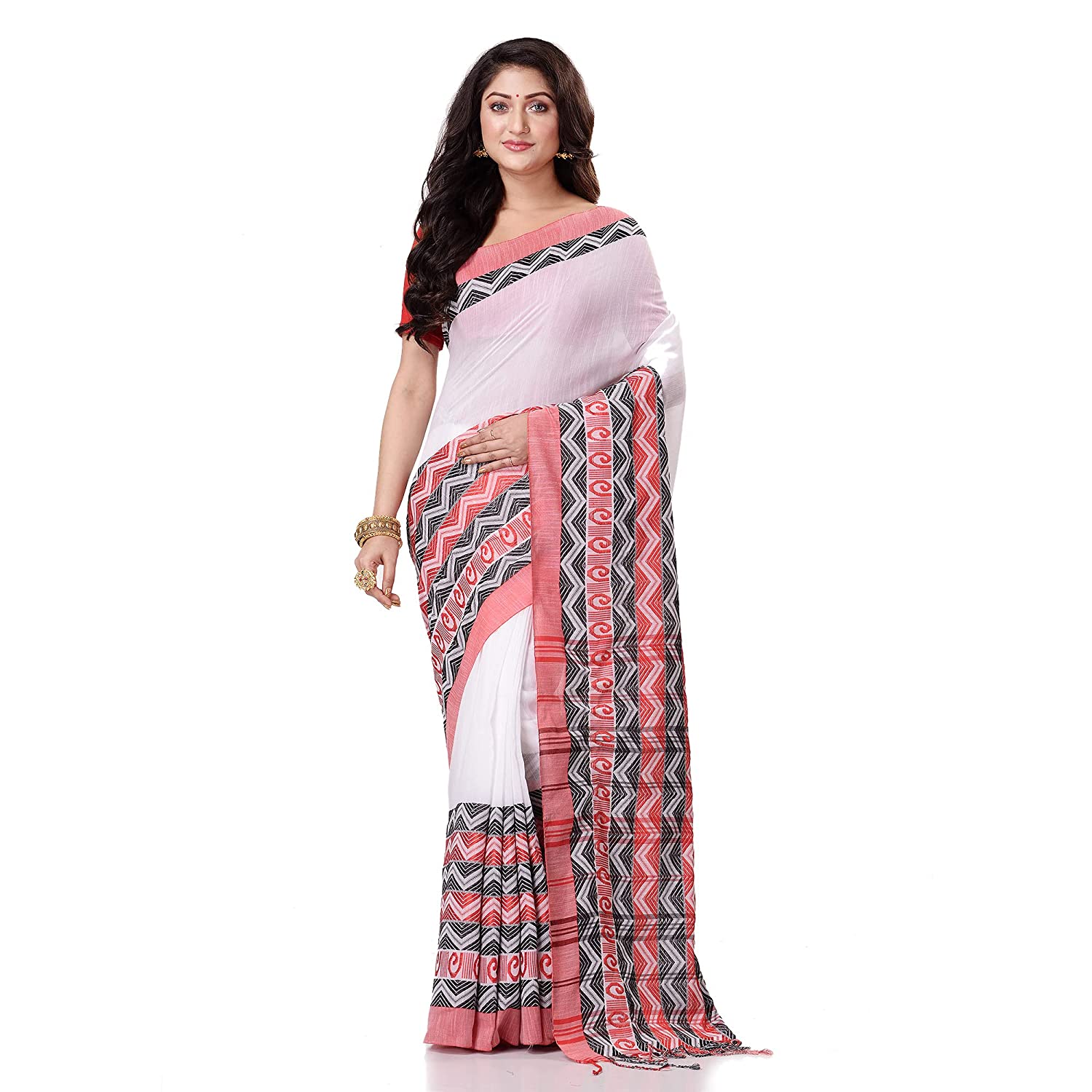 Bengal Soft Cotton Women`s Traditional Bengali Chakra Begampuri Pure Handloom Cotton Saree With Blouse Piece White