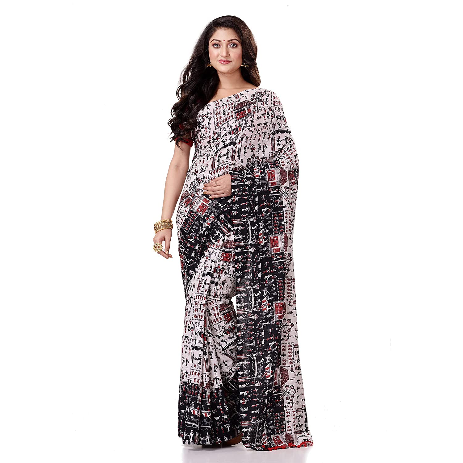  Women`s Traditional Bengal Soft Kalamkari Printed Handloom Cotton Saree Border Tassels Without Blouse Piece White Black