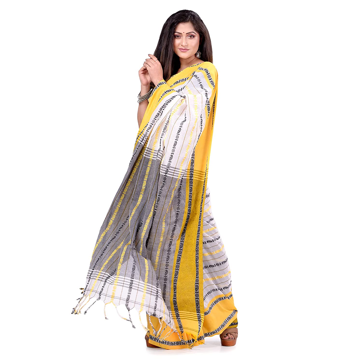 dB DESH BIDESH Women`s Traditional Bengali Begampuri Pure Handloom Cotton Saree With Blouse Piece (Yellow Grey)