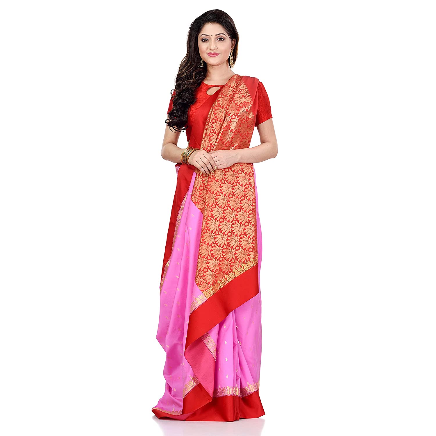 dB DESH BIDESH Women`s Bengal Kanchipuram Art Silk Saree Handmade Whole Body Garad Design With Running Blouse Magenta