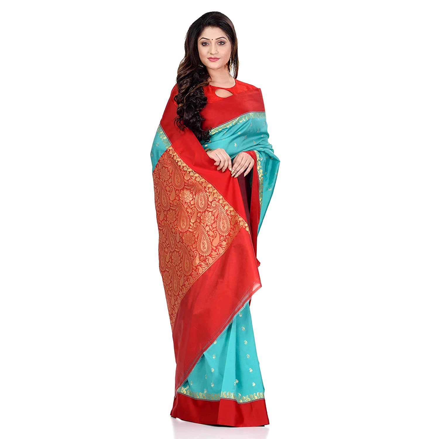 dB DESH BIDESH Women`s Bengal Kanchipuram Art Silk Saree Handmade Whole Body Garad Design With Running Blouse Firoza