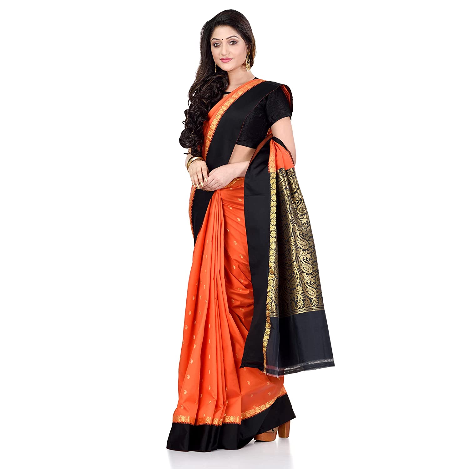 dB DESH BIDESH Women`s Bengal Kanchipuram Art Silk Saree Handmade Whole Body Garad Design With Running Blouse Orange Black