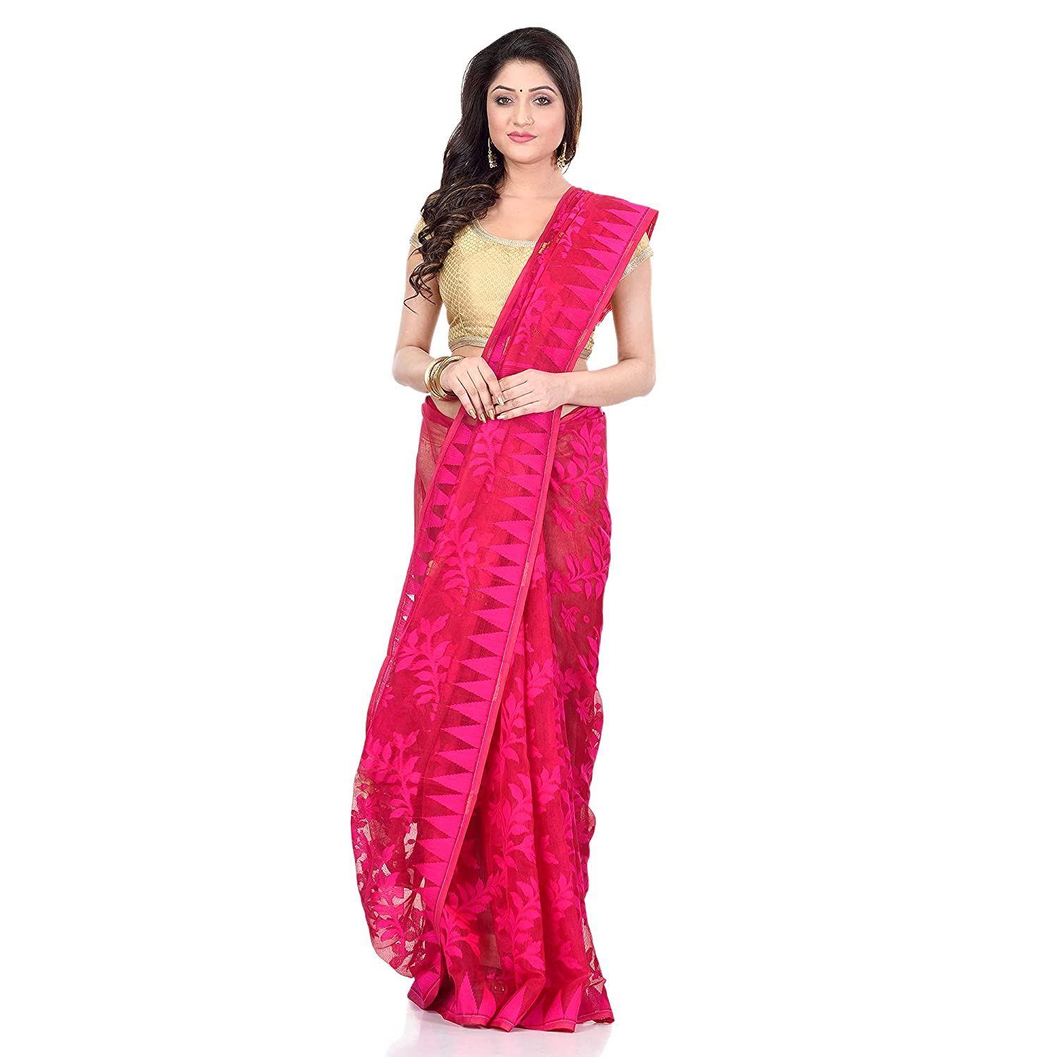 dB Desh Bidesh Women`s Bengal Handloom Tant Soft Dhakai Jamdani Cotton Saree Whole Body Design (Deep Pink)