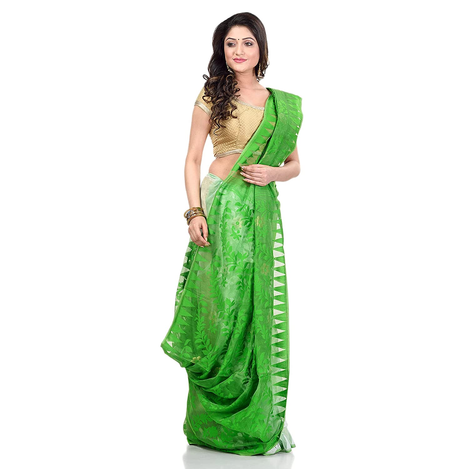 dB Desh Bidesh Women`s Bengal Handloom Tant Soft Dhakai Jamdani Cotton Saree Whole Body Design (Green White)