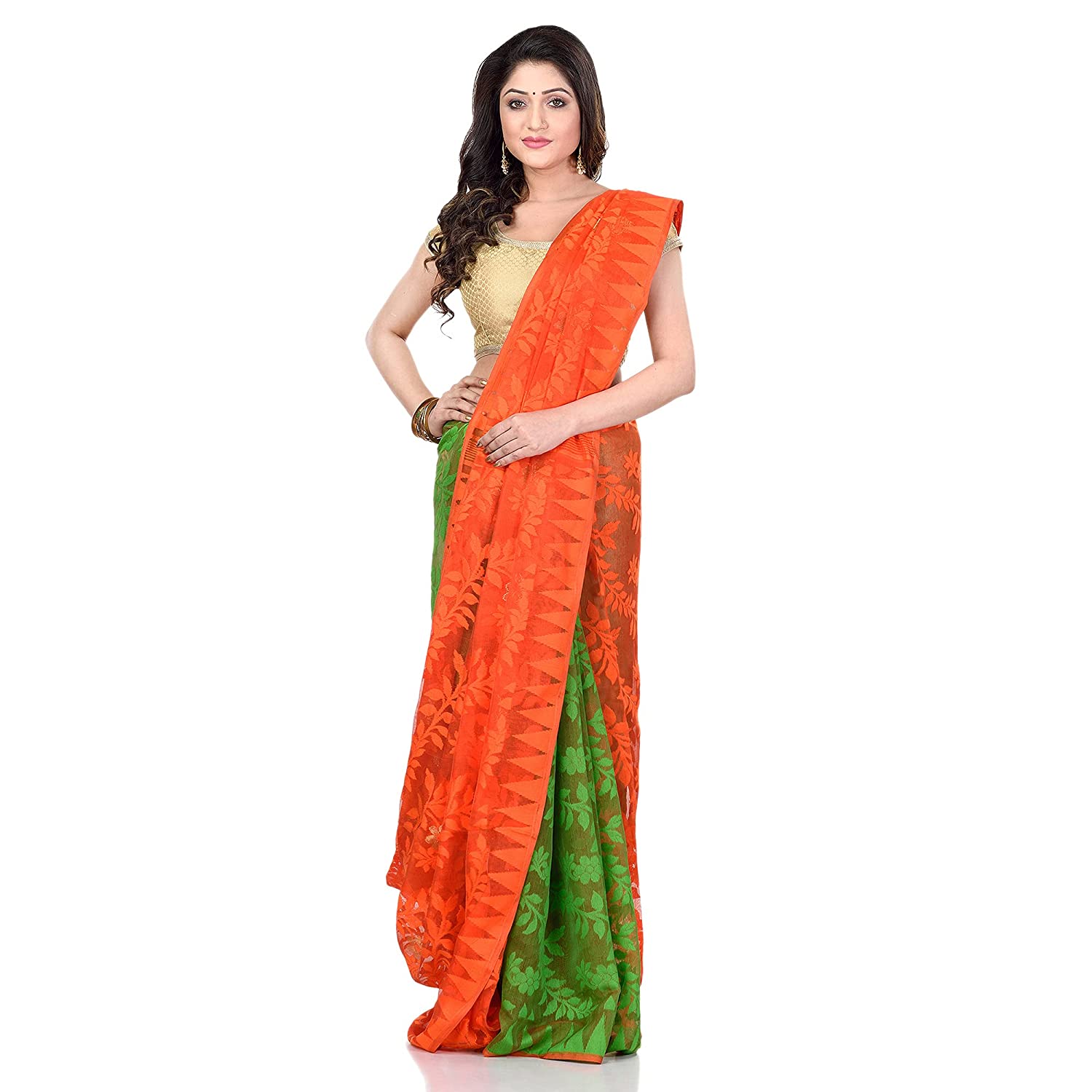 dB Desh Bidesh Women`s Bengal Handloom Tant Soft Dhakai Jamdani Cotton Saree Whole Body Design (Orange Green)