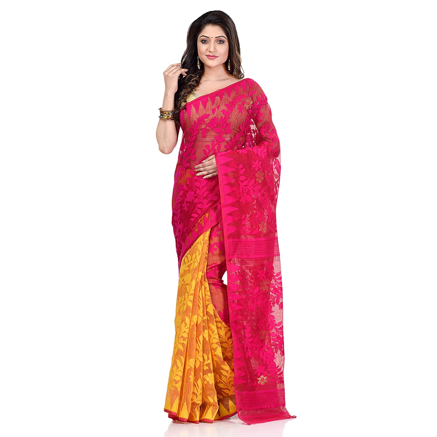 dB Desh Bidesh Women`s Bengal Handloom Tant Soft Dhakai Jamdani Cotton Saree Whole Body Design (Pink Yellow)