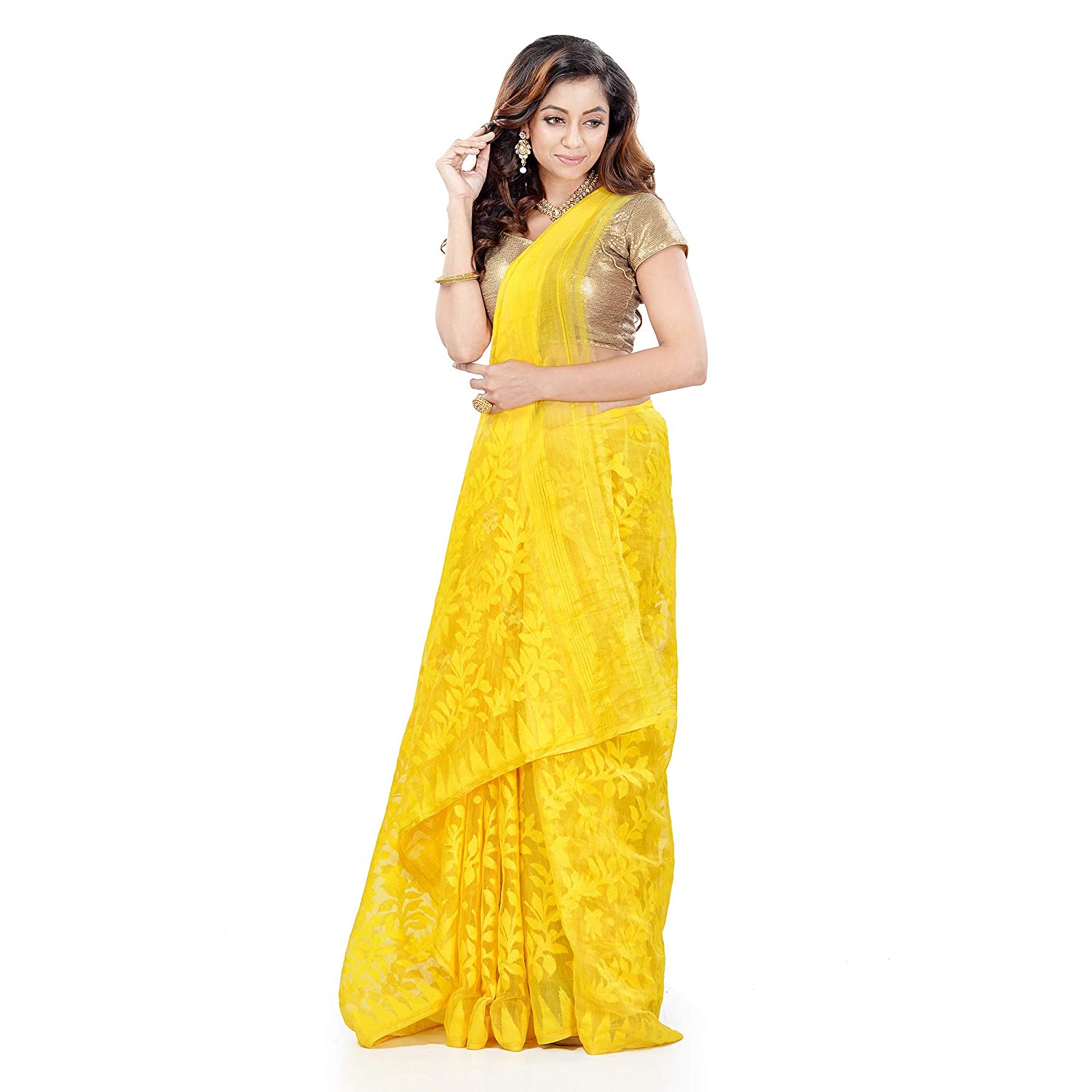 dB Desh Bidesh Women`s Bengal Handloom Tant Soft Dhakai Jamdani Cotton Saree Whole Body Design (Yellow)