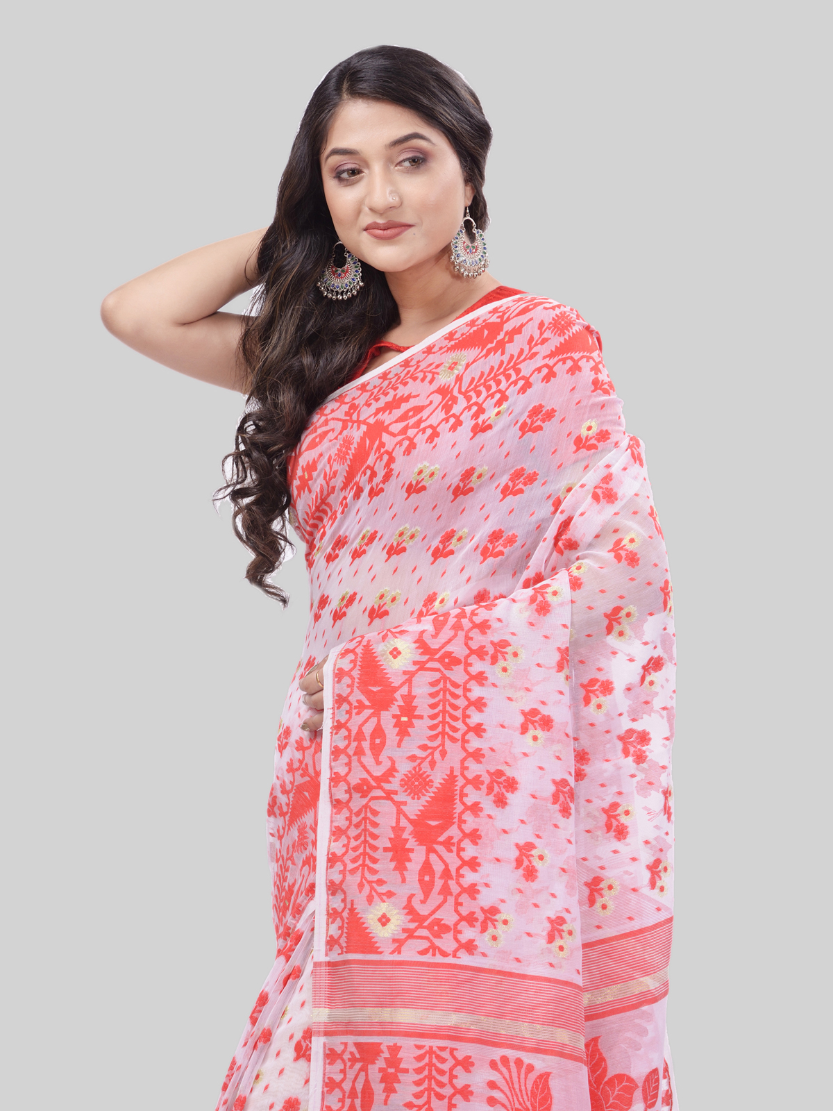 DESH BIDESH Women`s Phulkari Resham Dhakai jamdani Bengal Pure Cotton Handloom Saree Whole Body Design without Blouse Piece (Red White)