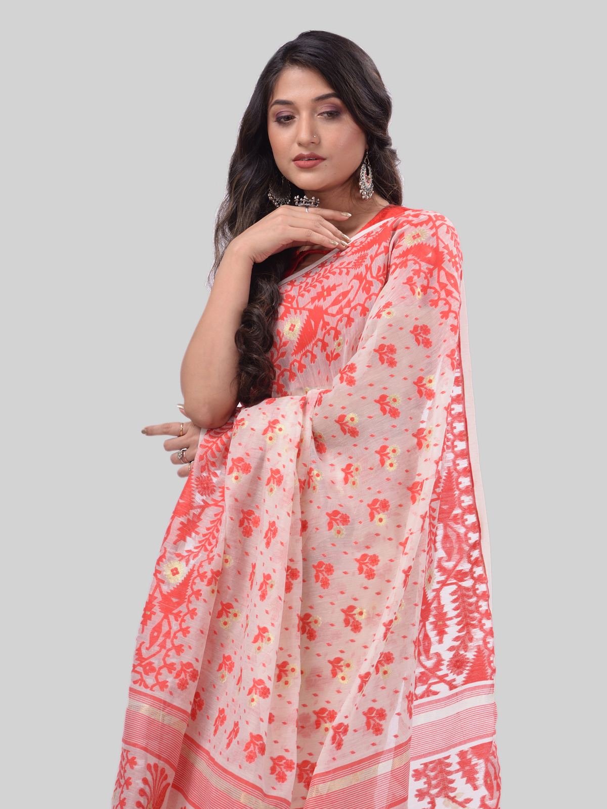 DESH BIDESH Women`s Phulkari Resham Dhakai jamdani Bengal Pure Cotton Handloom Saree Whole Body Design without Blouse Piece (Orange White)