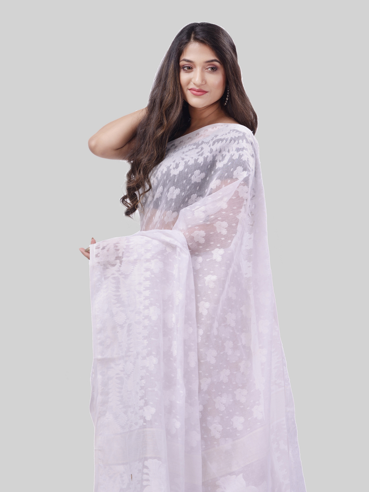 DESH BIDESH Women`s Phulkari Resham Dhakai jamdani Bengal Pure Cotton Handloom Saree Whole Body Design without Blouse Piece (White)