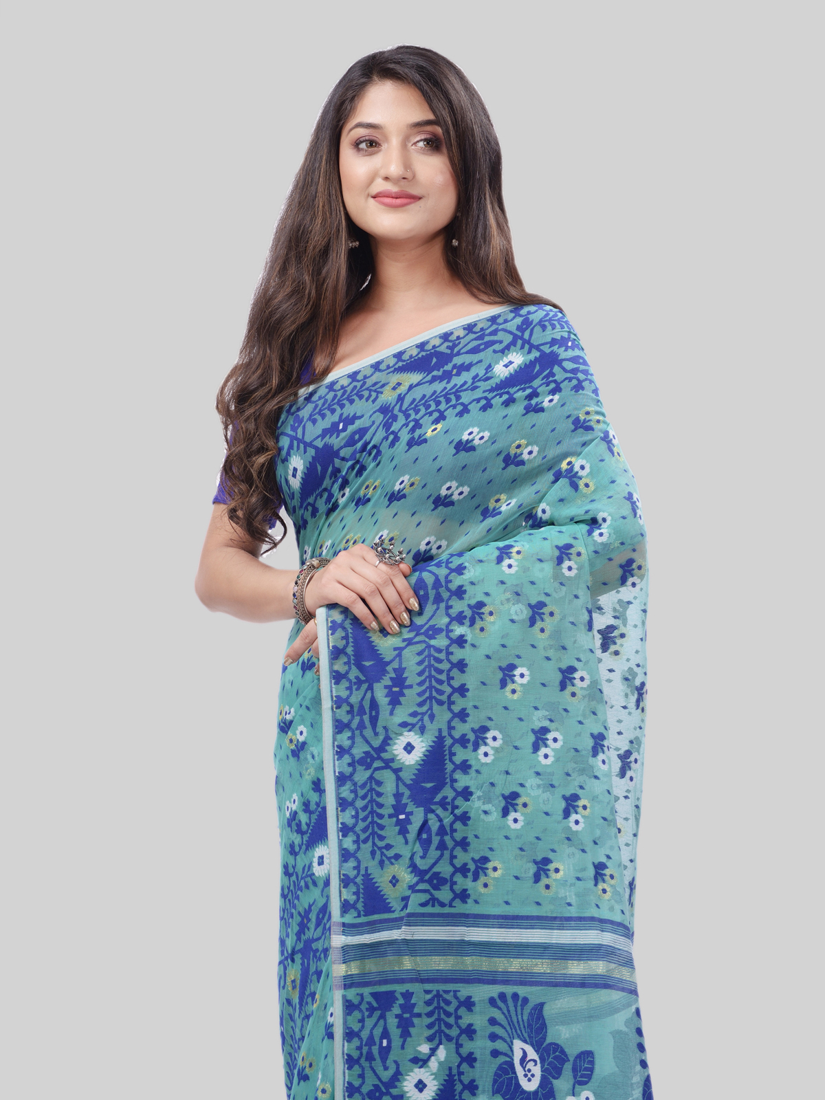DESH BIDESH Women`s Phulkari Resham Dhakai jamdani Bengal Pure Cotton Handloom Saree Whole Body Design without Blouse Piece (Firoza Blue)