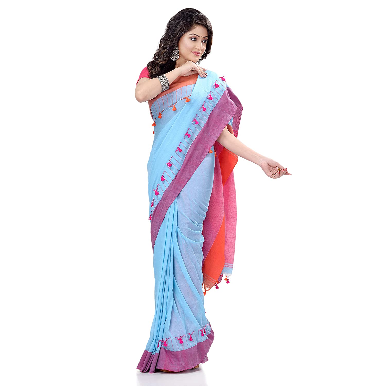 dB DESH BIDESH Women`s Traditional Bengal Handloom Tant Pure Cotton Saree Pompom Desigined With Blouse Piece (Sky Blue Pink)
