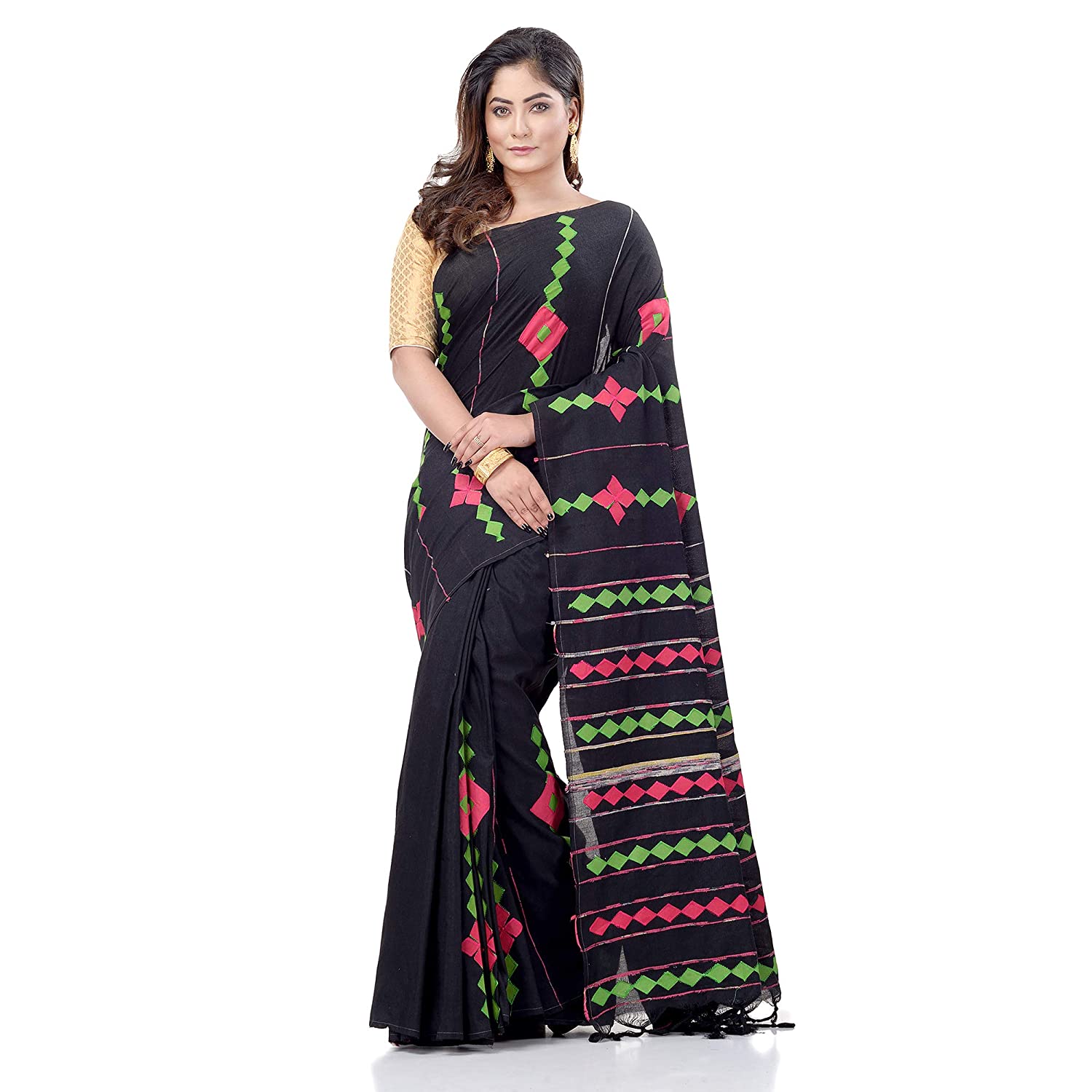 dB DESH BIDESH Women`s Bengali Khesh Mul Pure Cotton Handloom Saree With Blouse Piece (Black)