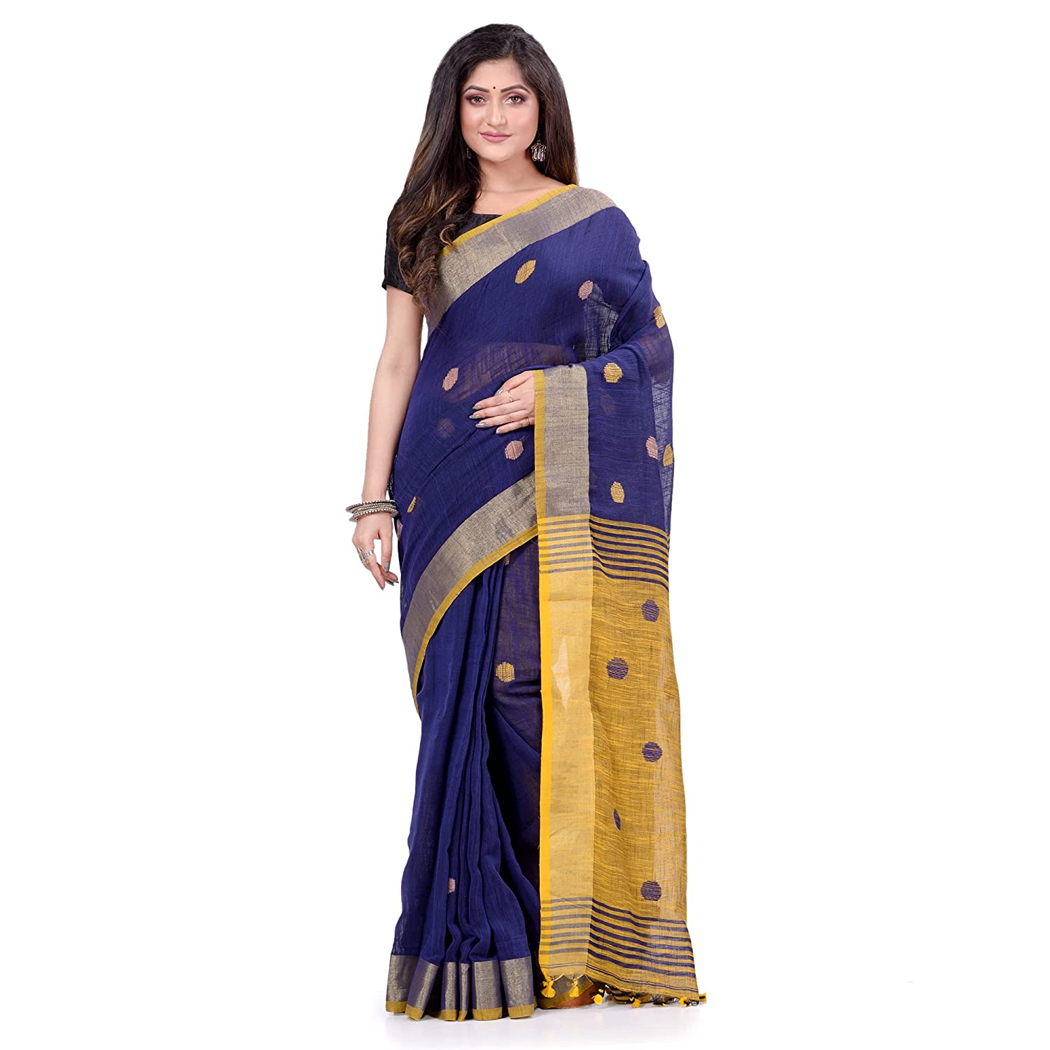 dB DESH BIDESH Women`s Pure Cotton Traditional Bengali Tant Handloom Cotton Saree Round Desigined With Blouse Piece (Deep Blue Yellow)