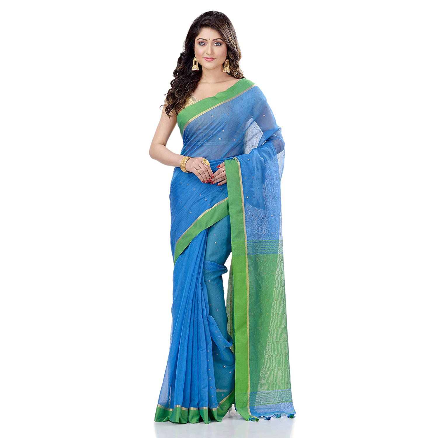 dB DESH BIDESH Women`s Tant Silk Handloom Cotton Saree Sequence Work With Blouse Piece (Sky Blue Light Green)