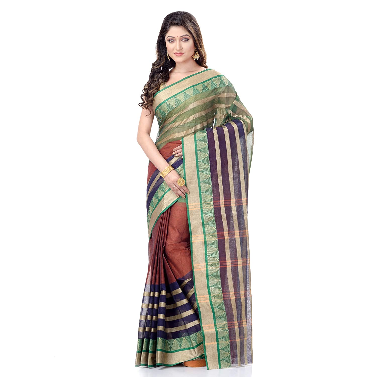 dB DESH BIDESH Women`s Traditional Bengal Tant 3D Temple Design Handloom Pure Cotton Saree Without Blouse Piece Yellow Brown