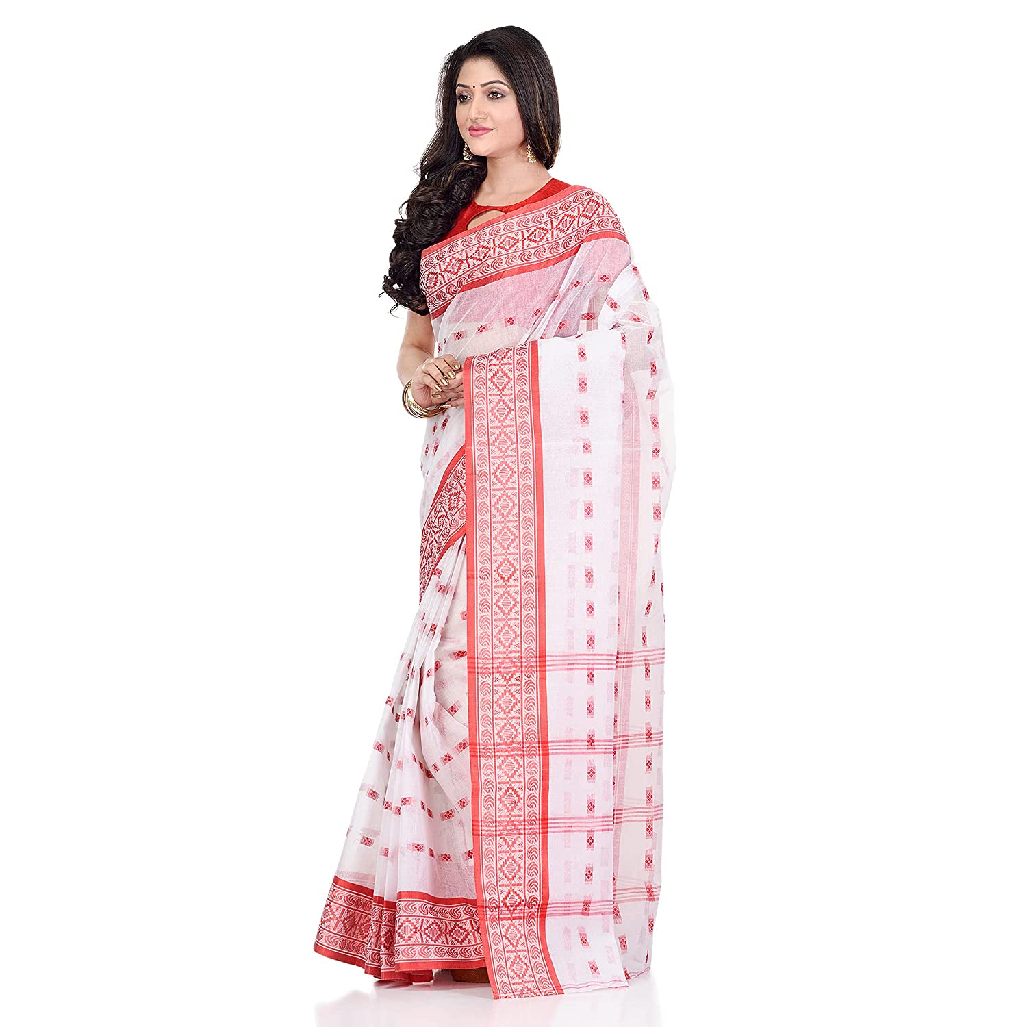 dB DESH BIDESH Womens Traditional Bengal Tant Woven Lal Paar Sada Design Pure Ha 1