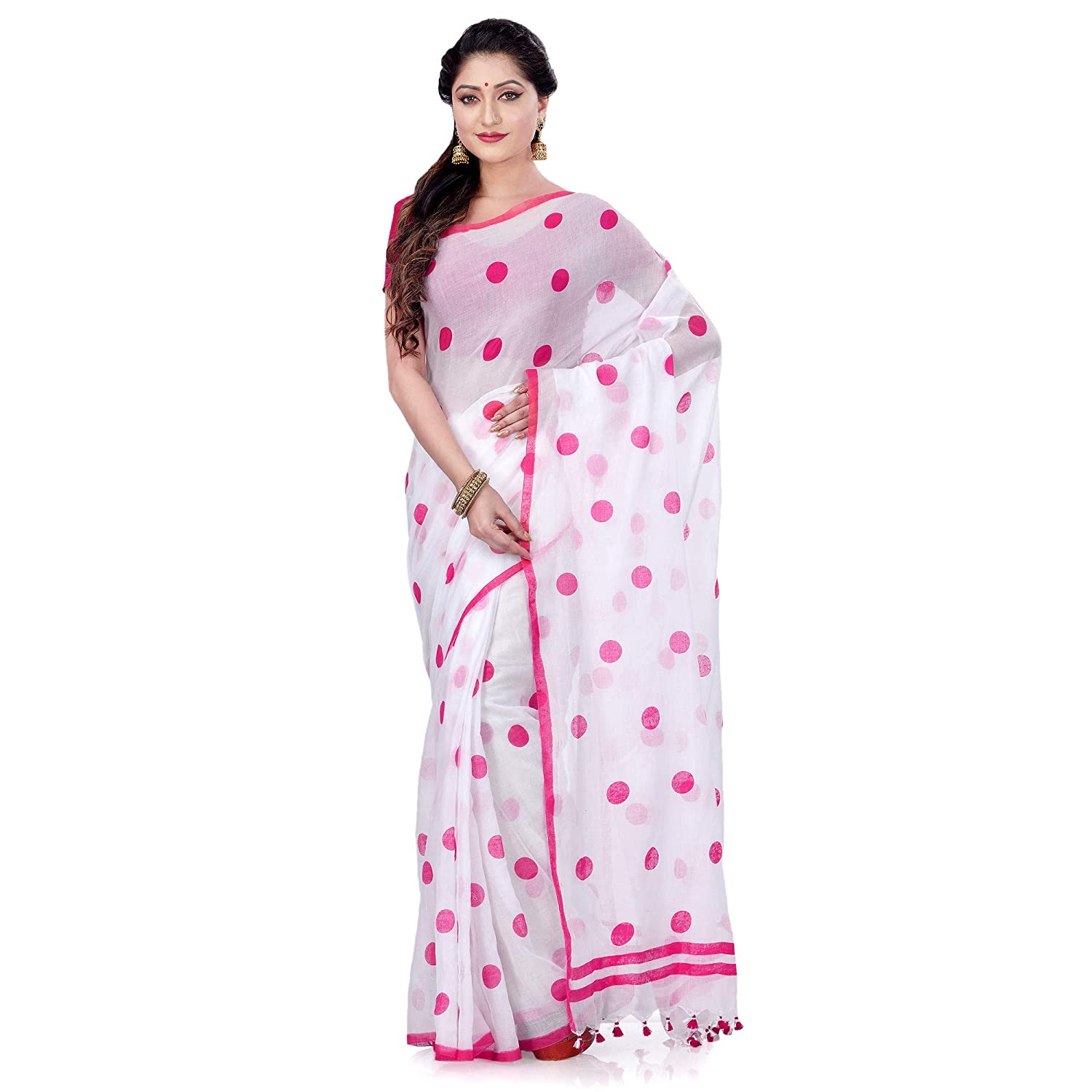 dB DESH BIDESH Women`s Traditional Soft Mulmul Bengal Handloom Pure Cotton Saree Without Blouse Piece (Pink)