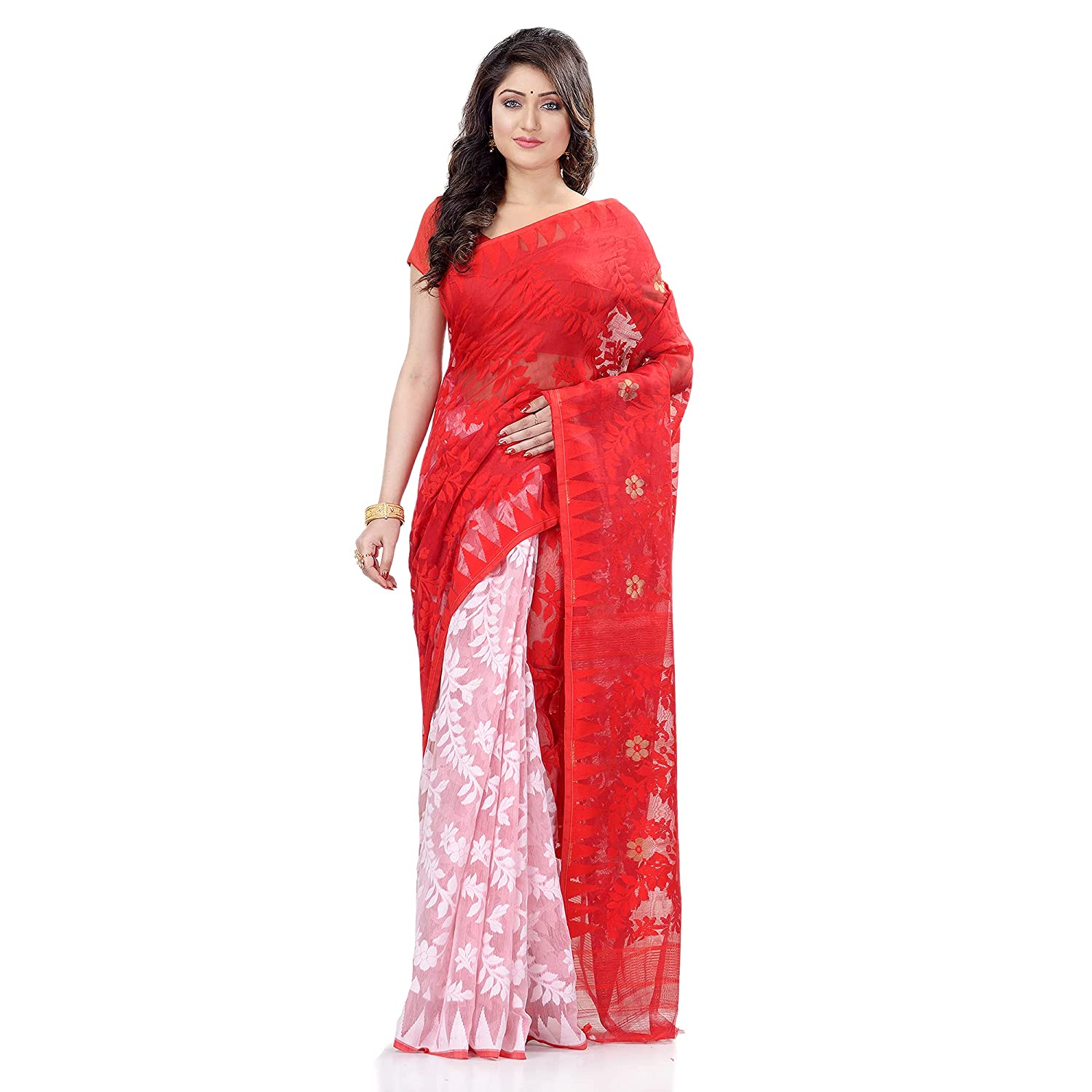 dB Desh Bidesh Women`s Bengal Handloom Tant Dhakai Jamdani Cotton Saree Whole Body Design (White Red)