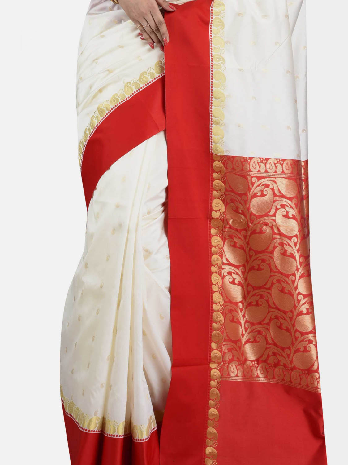 White Saree with Red Lace Borders. – www.soosi.co.in