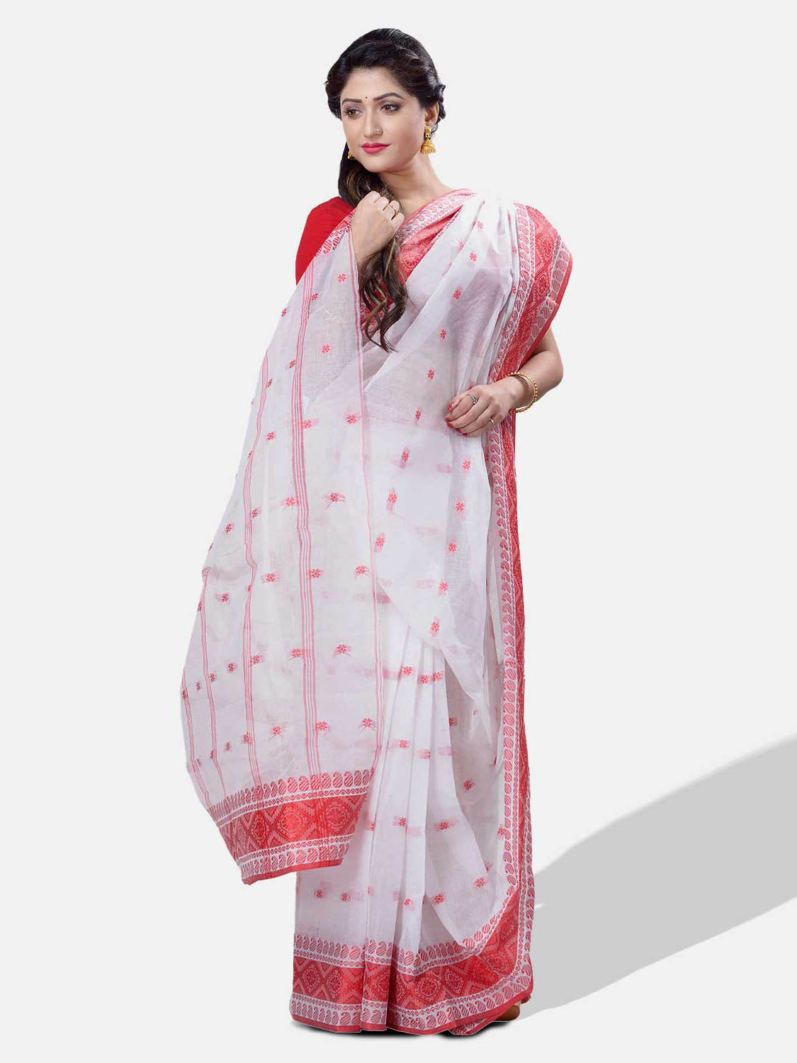 Red and White Tant Saree | Bengali Cotton Tant Saree |64% Discount !